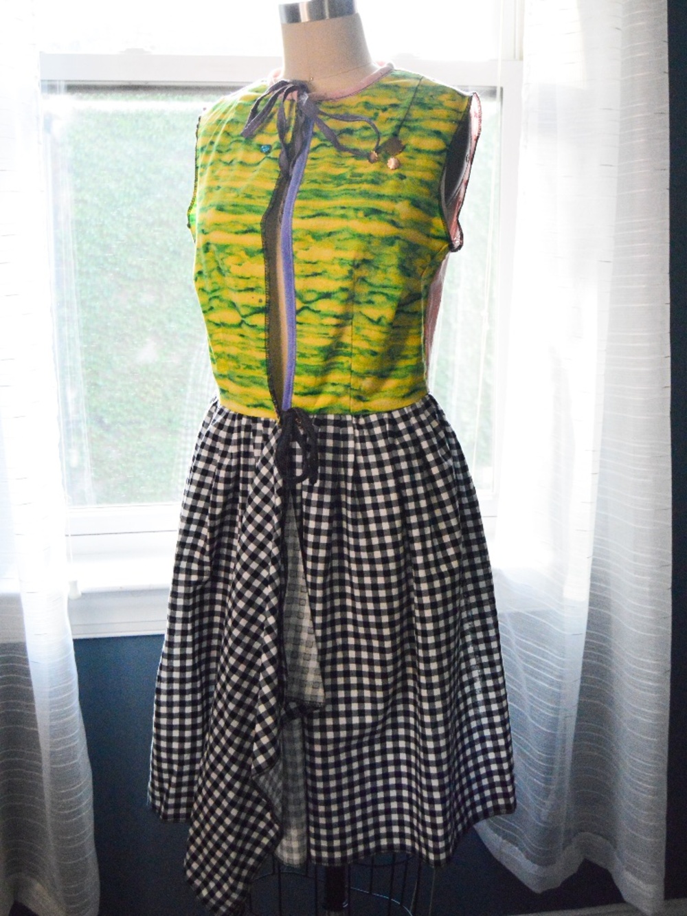 Eclectic Handmade Patchwork Gingham & Green, Pink Eyelet Statement Dress Vest